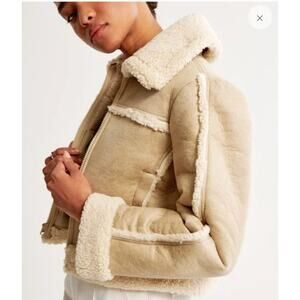 Abercrombie & Fitch Vegan Suede Sherpa Trim Zip Jacket Beige Small